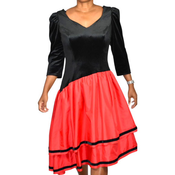 Vintage 80s Black Velvet Dress Red Asymmetrical Tiered Stretch Handmade Large - Picture 1 of 15